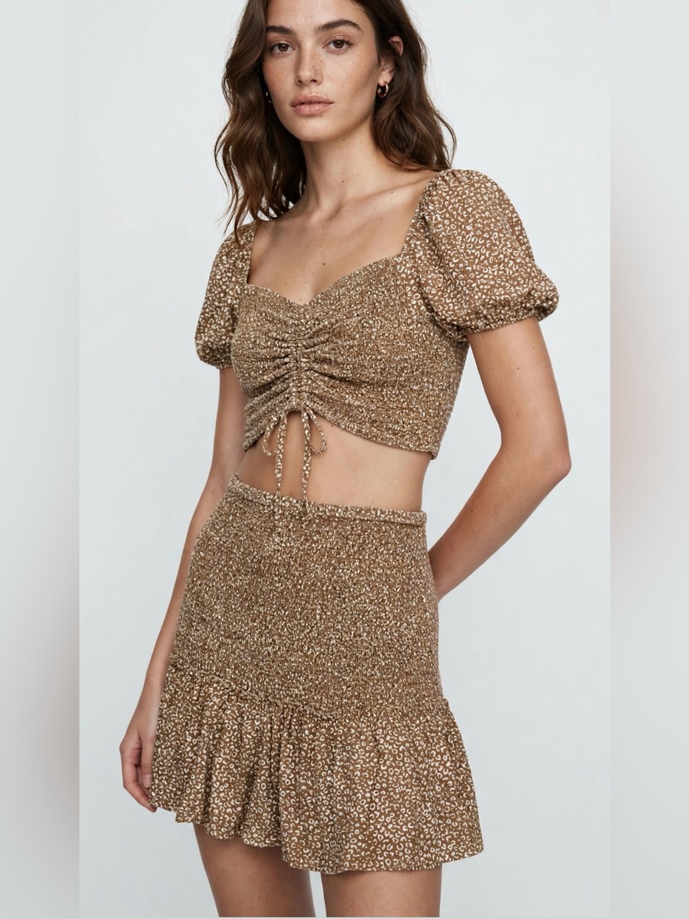 Smocked Ruffle Mini Skirt in Brown